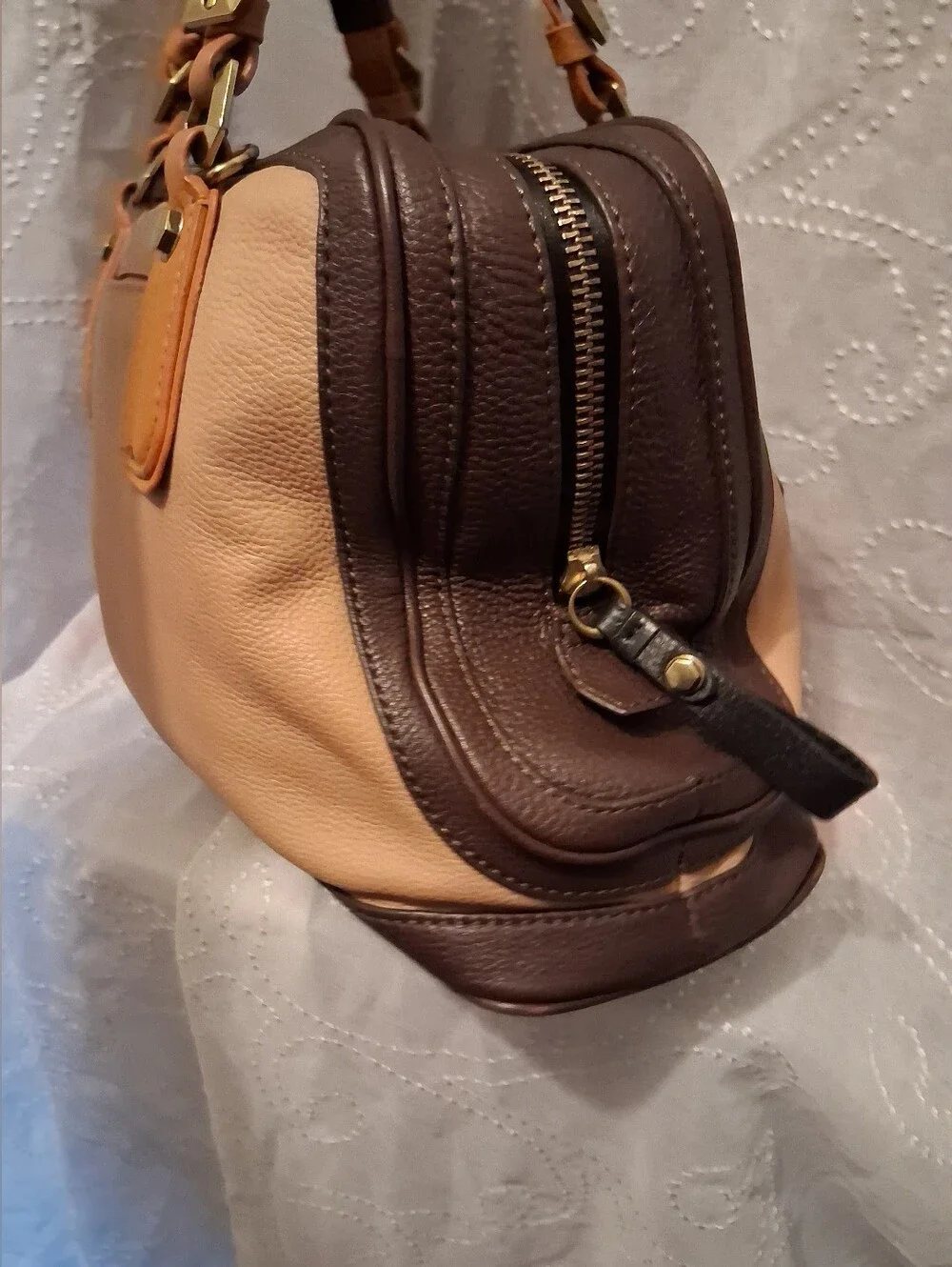 orYANY Beige and Brown Leather Satchel with Tan Accents